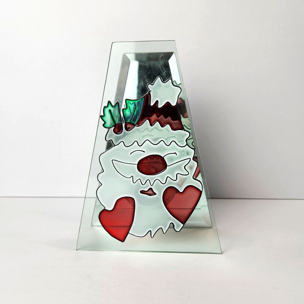 Christmas Stained Glass Candle Holder  Santa Face 8" High Two Sided Great Gift
